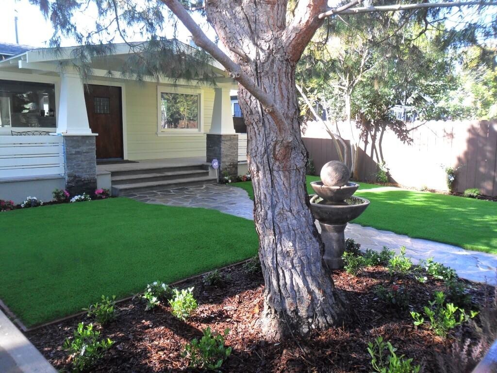 Bird bath and tree with artificial grass front yard
