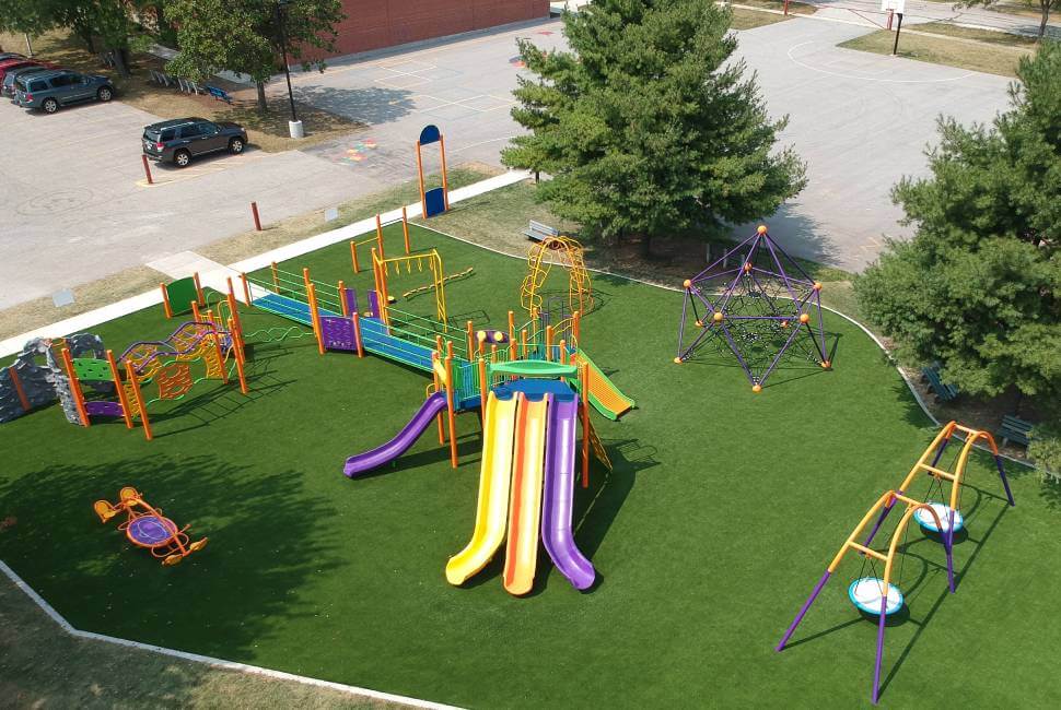 Drone shot of playground equipment with Artificial Grass