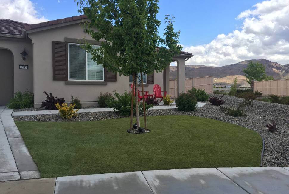 residential front lawn with artificial grass