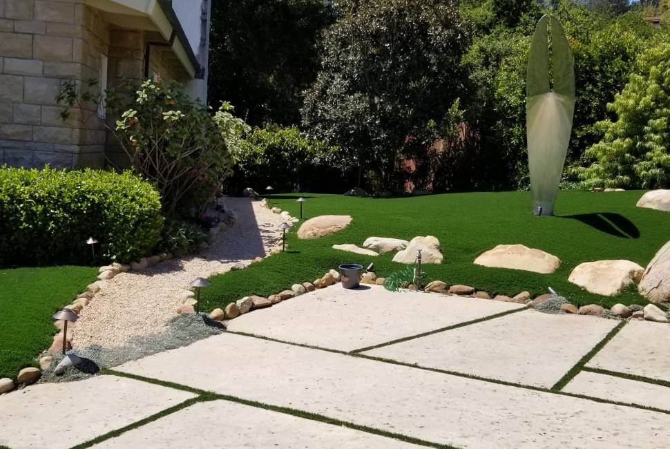 Artificial grass front yard with structure